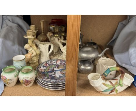 Two pairs of Royal Worcester figural candlesticks together with Royal Worcester vases, collectors plates, pewter tea set, rub