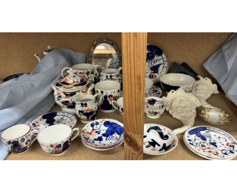 A Gaudy Welsh part tea service together with a white metal wall mirror and a pair of Wedgwood Williamsburg cornucopia wall pl