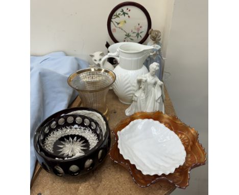 A Nao figure together with a carnival glass bowl, glass bowls, Chinese face screen, jugs etc 