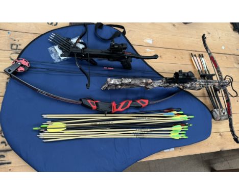 A Jaguar crossbow and bolts together with a Red back crossbow, a Barnett vertigo compound bow and arrows