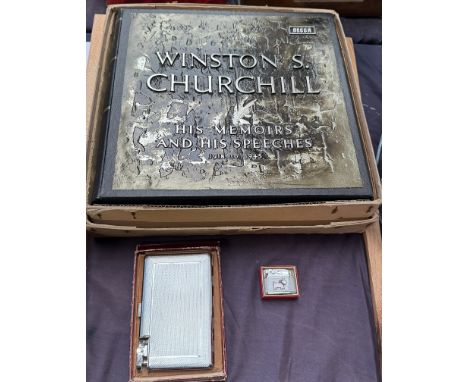 Winston Churchill Memoirs and speeches records, boxed together with a Mosda lighter case and another lighter