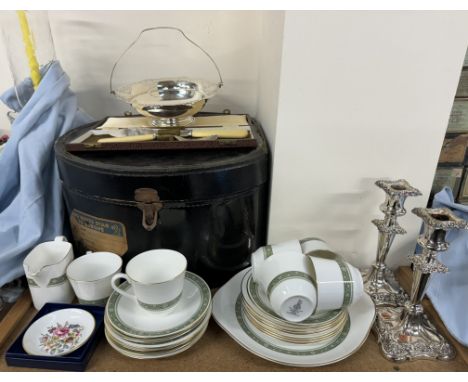 A hat box with a Cunard White Star to Europe label together with a Royal Doulton Rondelay pattern part tea service, Harrods e