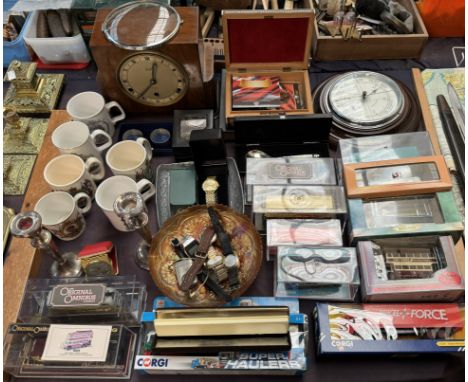Corgi Omnibuses together with other Corgi cars, a collection of wristwatches, coins, commemorative china, Indian carved box, 
