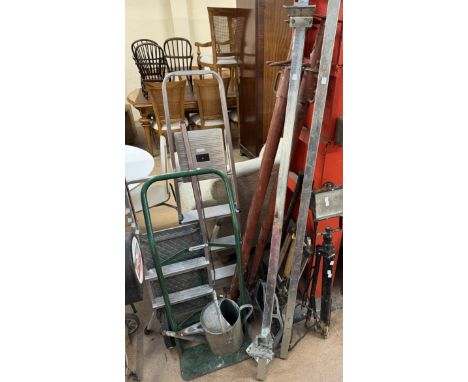 Acro props together with step ladders, sack truck, watering can, sledge hammer, light etc 