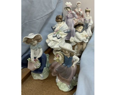 Two Lladro figures of young ladies with baskets of flowers together with Coalport figures The Boy, Visiting Day, Royal Worces