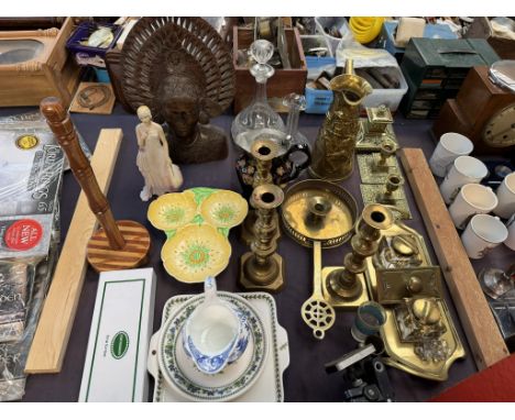 A brass desk standish together with brass candlesticks, brass jug, Thai carved head, Carltonware sectional dish, decanters et