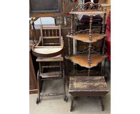 A child's metamorphic high chair together with a whatnot and a milking stool, A Zither with two layers of strings and floral 