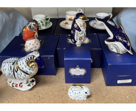 Five Royal Crown Derby paperweights including a ram, dolphin, kingfisher, rabbit and duck billed platypus together with three