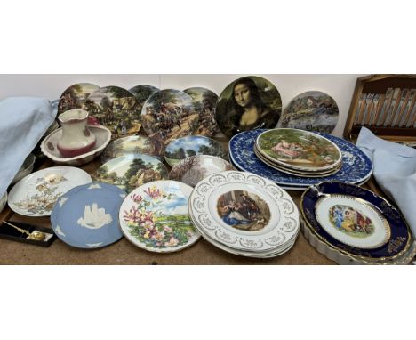 Blue and white meat plates together with a collection of collectors plates, jug and basin set, souvenir spoon etc 