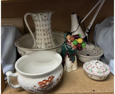 A Royal Doulton figure The Balloon Seller HN583 together with a rose decorated jug, basin, soap dish etc together with an ang