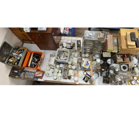 For watch and clock makers and repairers - Three table top cabinets containing watch dials, watch movements, watch batteries,