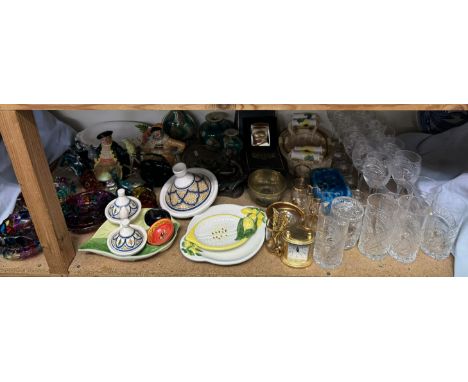 A brass carriage clock together with drinking glasses, Statesman card cases, Mdina glass vases, coloured glasswares, pottery 