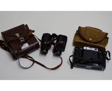 CASED PAIR OF USSR BINOCULARS & AGIFOLD CAMERA WITH CANVAS CARRY CASE     