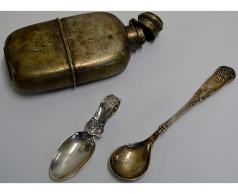 A GOOD QUALITY EARLY VICTORIAN HUNTING HIP FLASK WITH DETACHABLE DRINKING CUP WITH A GILDED INTERIOR & MARKED "X" TOGETHER WI