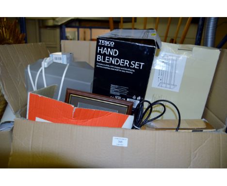 BOX CONTAINING KNIFE SHARPENER, HAND BLENDER, PICTURE FRAMES, GLASS LAMP, SHOE RACK & GENERAL SUNDRIES     