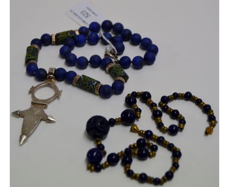 VINTAGE CHINESE BEAD NECKLACE & TIBETAN STYLE STERLING SILVER & LAPIS LAZULI BEAD NECKLACE     