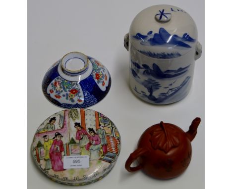 GROUP OF CHINESE CERAMICS INCLUDING A POT LID WITH FIGURES & CALLIGRAPHY, A PORCELAIN MEDALLION BOWL, BLUE & WHITE LIDDED TEA