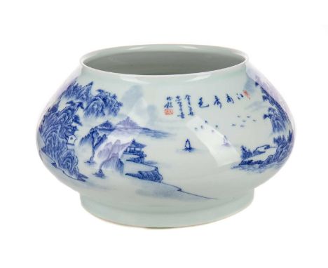 CHINESE BLUE AND WHITE PLANTER,of compressed ovoid form, decorated with figures in a mountaineous and architectural landscape