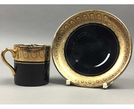GIBSON &amp; SONS COFFEE SERVICE,richly decorated sevres pattern in gold on black comprising a coffee pot, sugar and cream ,s