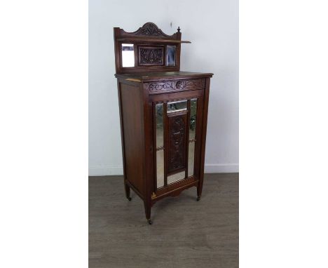 LATE VICTORIAN SIDE CABINET,134cm high, 56cm wide, 38cm deep, along with an alabaster and gilt standard lamp, 139cm high (2)