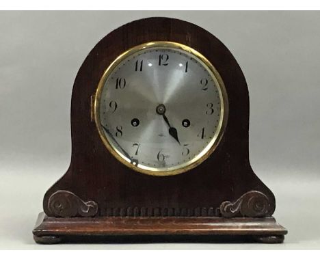 OAK MANTEL CLOCK,along with a set of scales, camera and other objects