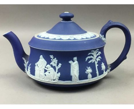 WEDGWOOD BLUE JASPER WARE CIRCULAR TEAPOT AND SIMILAR MILK JUG,along with a group of Aynsley dinner ware and Adderley dessert