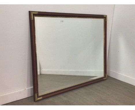 MODERN MAHOGANY WALL MIRROR,85cm x 110cm, along with a ceramic table lamp and a wrought iron table lamp (3)