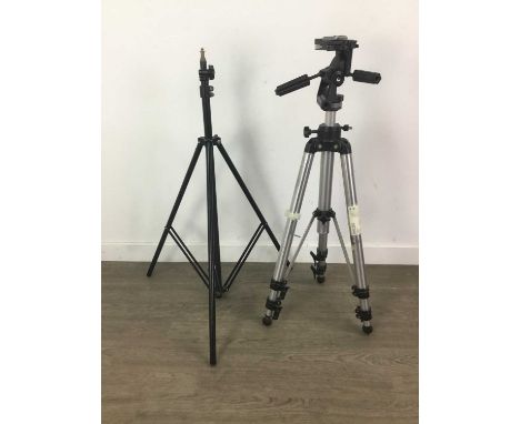 COLLECTION OF CAMERA STUDIO EQUIPMENT,including tripods, stands, brackets, hoods and two soft boxes