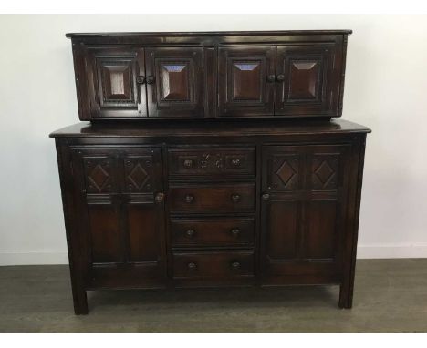 ERCOL DARK REFECTORY STYLE DINING TABLE,71cm high, 152cm wide, 77cm deep, along with six chairs and a buffet sideboard, 134cm