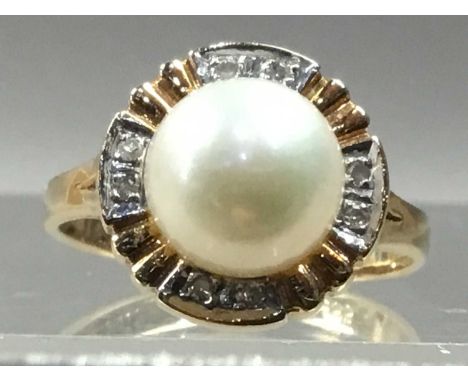 SIMULATED PEARL AND DIAMOND RING,in fourteen carat gold, size N