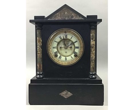 LATE VICTORIAN AND BLACK SLATE MANTEL CLOCK,the movement by Ansonia, 34cm high