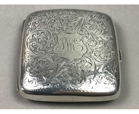 TWO GEORGE V SILVER CIGARETTE CASES,with bright cut scroll detail and engraved cartouches, the larger 7.5cm wide, together wi