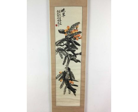 CHINESE WALL SCROLL,20th century, branches with fruiting leaves, calligraphic verse and seal upper-right, image 125cm x 32cm,