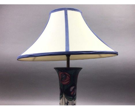 PAIR OF MOORCROFT MACKINTOSH ROSE TABLE LAMPS,37cm high, with shades Overall good condition, some stains and minor blemishes 