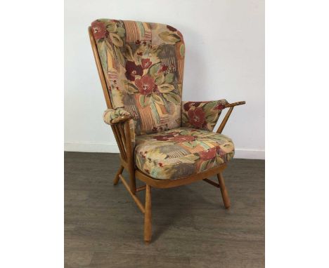 ERCOL ARMCHAIR,with floral upholstered seat cushion and back