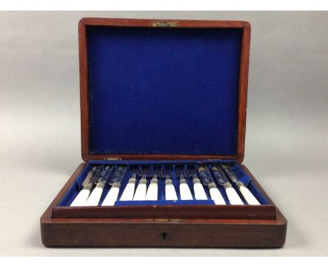 CASED SILVER PLATE AND MOTHER OF PEARL FRUIT KNIVES AND FORKS,along with a boxed Minton plate and a boxed set of four shell f