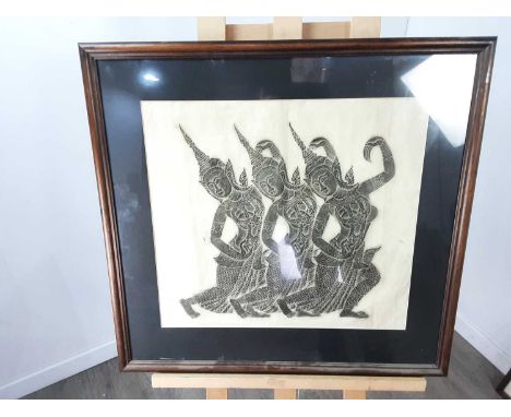 LOT OF VARIOUS PRINTS AND PICTURES,including three Thai rubbings on paper depicting dancers and a horse, also prints of exhib