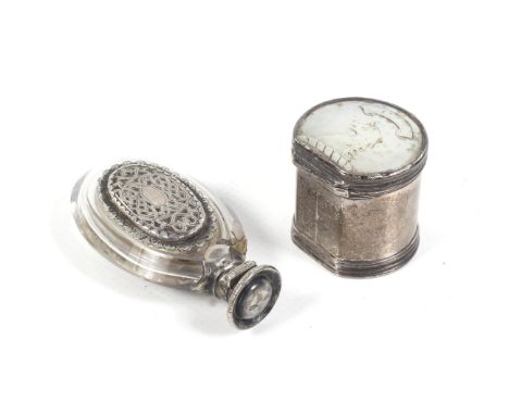 An early George III silver and mother of pearl mounted box and a Continental silver mounted drop-shaped glass combined scent 