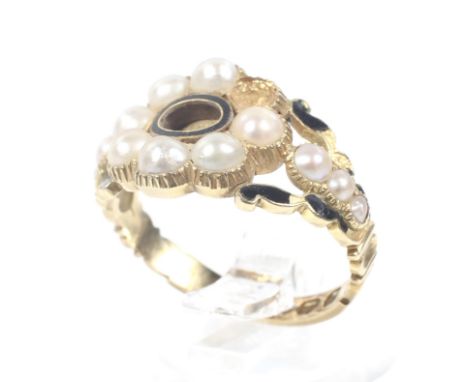 A George IV 18ct gold, half-pearl and black enamel mourning ring. Formerly set with a central woven-hair glazed panel within 