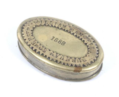 Welsh Railway Interest, a rare and original Victorian oval brass pocket snuff or tobacco box. The hinged lid engraved at the 