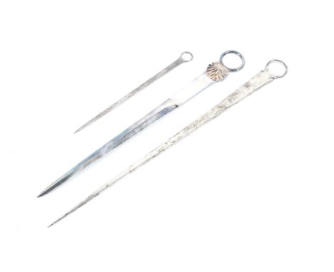 A George III silver ring-handled meat skewer and two later examples. The George III example with a rubbed maker's mark, Londo