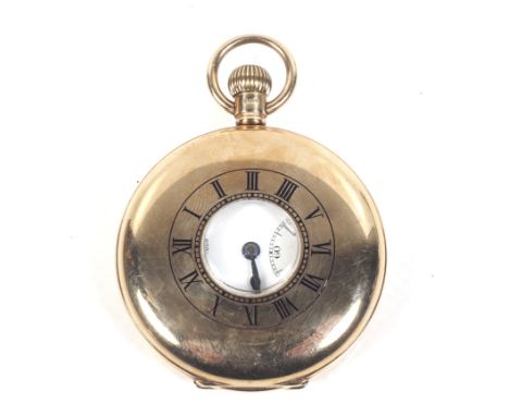 Swiss for J W  Benson, a 9ct gold half-hunter cased keyless pocket watch, circa 1930, The white dial with black painted Roman