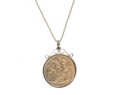 A sovereign 1904(P), loosely mounted in a modern 9ct gold pendant mount, hallmarks for Birmingham 1981, 9g; this hung fron a 