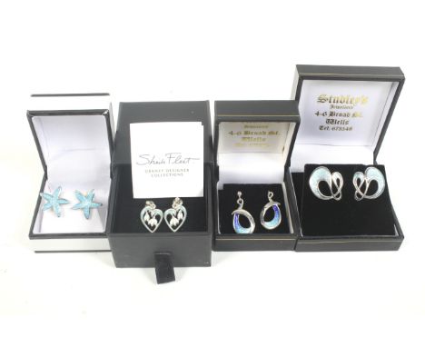 Four pairs of enamelled silver earrings. including a pair of pierced heart design from the Orkney Designer collection  by She