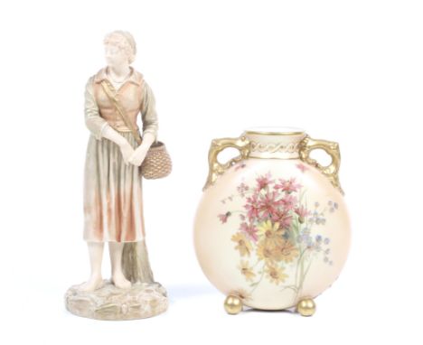 Two pieces of Royal Worcester. Comprising a blush gilt-heightened moon flask, decorated with flowers, purple stamp to base an