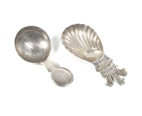 A George III silver silver caddy spoon and another modern of Royal interest. The George II example with a deep bowl engraved 