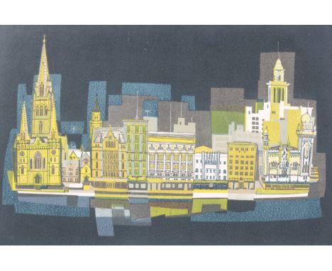 Kenneth Jack (Australian, 1924-2006), linocut, Flinders Street Facades, Melbourne. Signed in pencil lower right, titled and n
