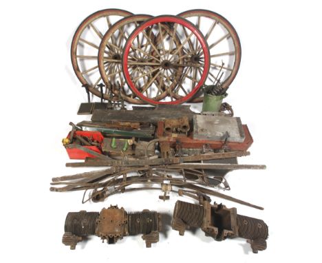 Automobilia - Holsman spare parts to include : original belt drive, part of primary drive assembly, four wooden spoked wheels