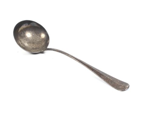 A silver rat tail soup ladle. The handle engraved with foliate-script initials, mark of Mappin & Webb, Sheffield 1951, 30.5cm