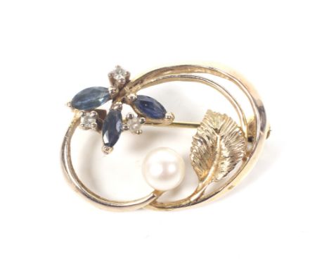 A vintage rose gold, sapphire, diamond and cultured-pearl  floral brooch. In the form of an open-oval set with a 6.2mm diamet